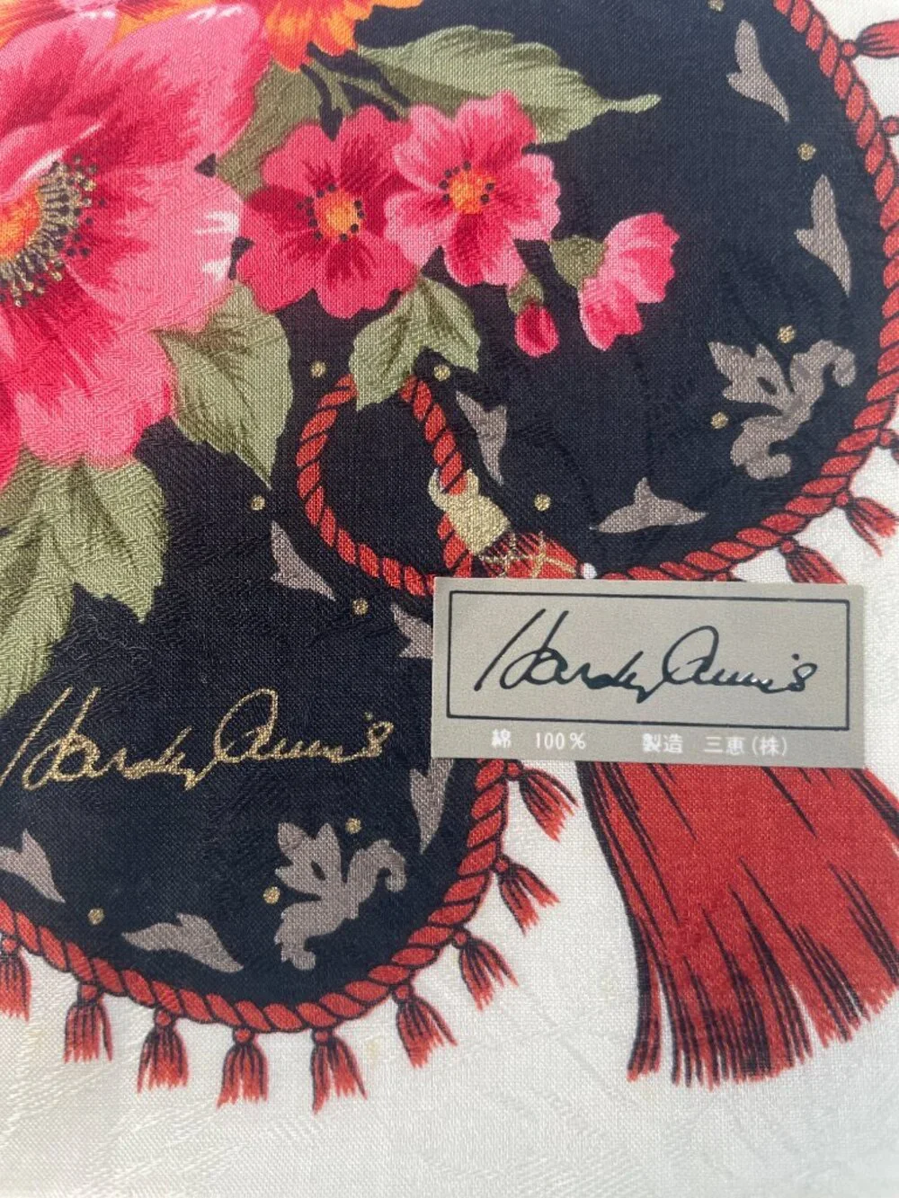 NWT Hardy Amies Vintage Floral Cotton Scarf Roses Tassel Border